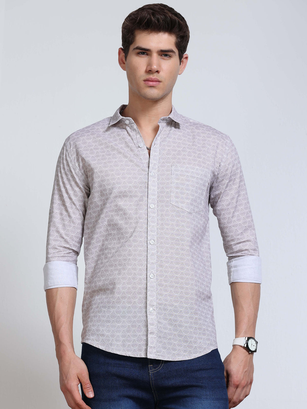 Men's Linen Light Grey White Micro Fan Geometric Printed Shirt