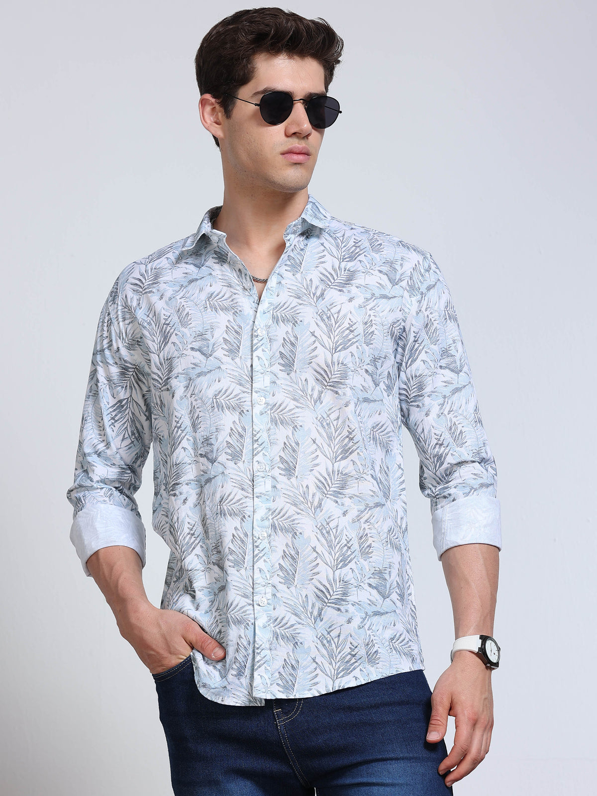 Men's Linen Light Blue Tropical Palm Leaf Printed Shirt