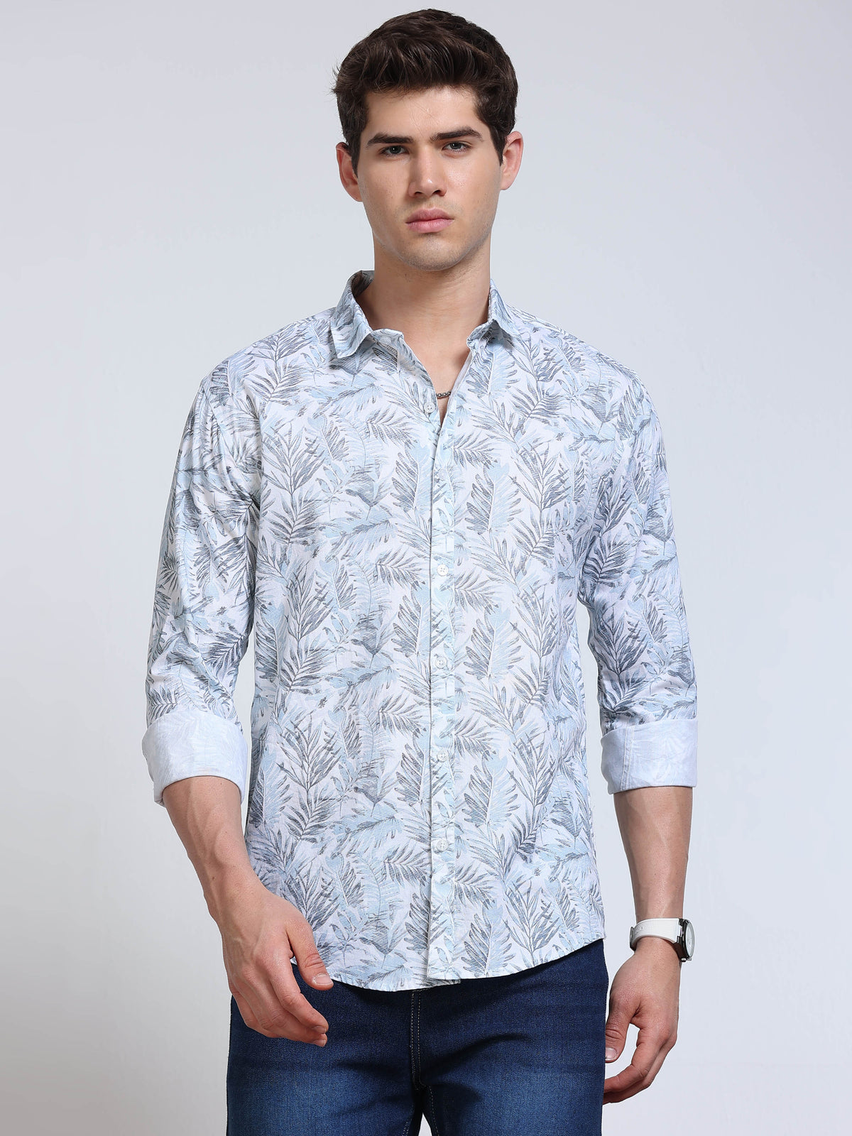 Men's Linen Light Blue Tropical Palm Leaf Printed Shirt