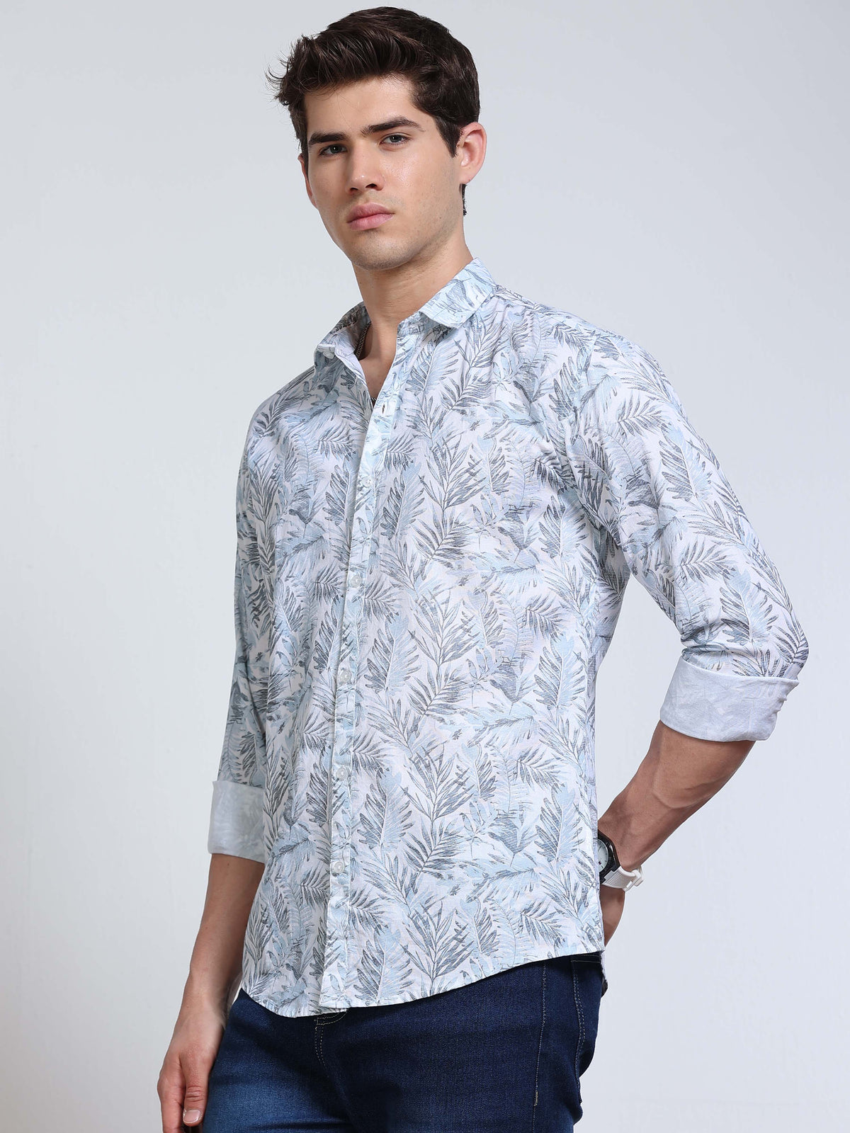 Men's Linen Light Blue Tropical Palm Leaf Printed Shirt