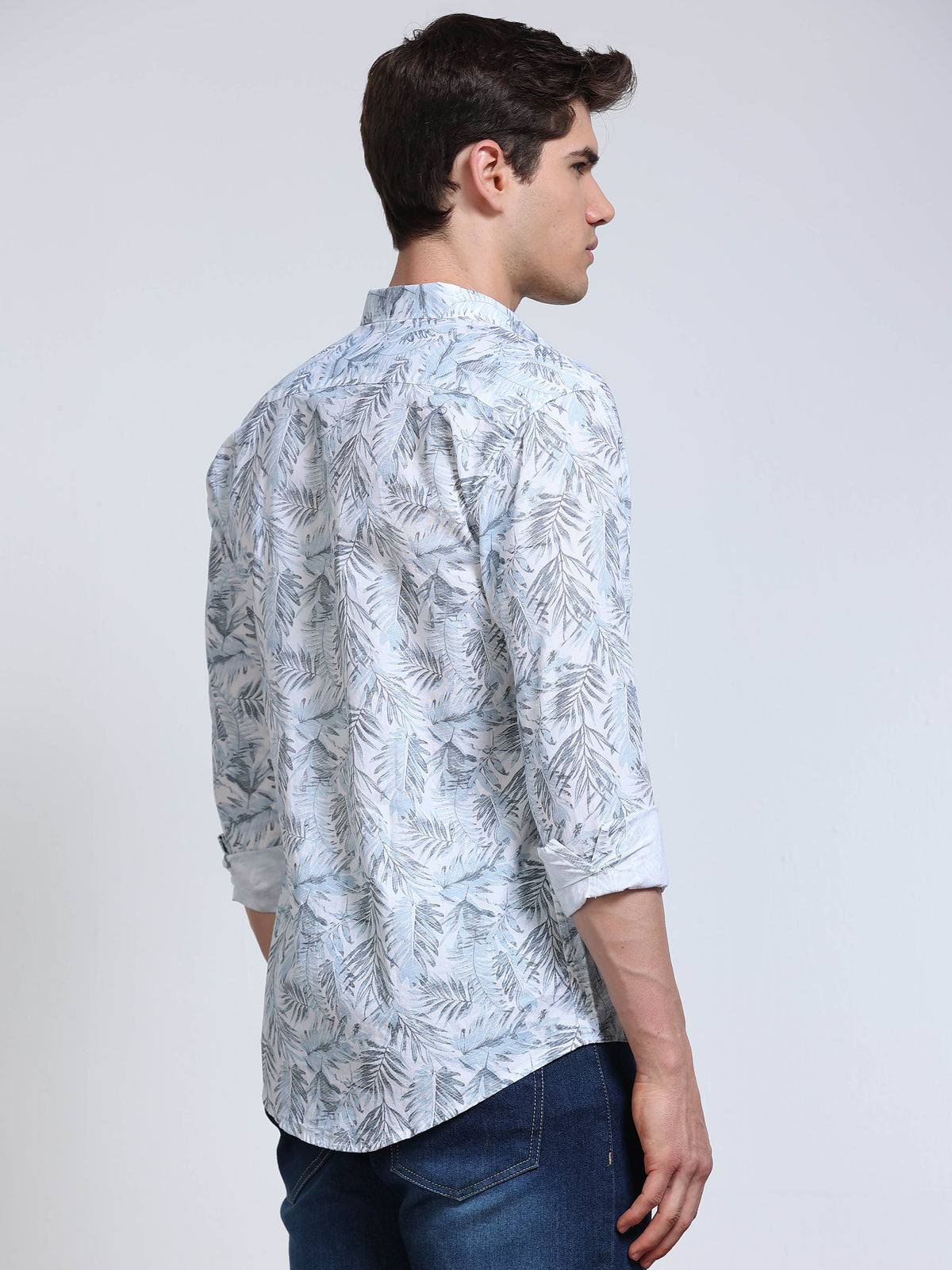 Men's Linen Light Blue Tropical Palm Leaf Printed Shirt