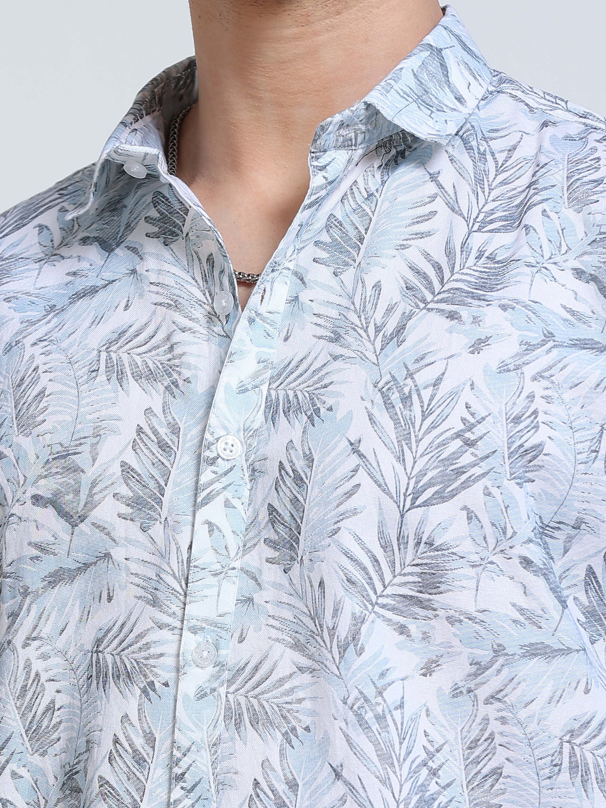 Men's Linen Light Blue Tropical Palm Leaf Printed Shirt