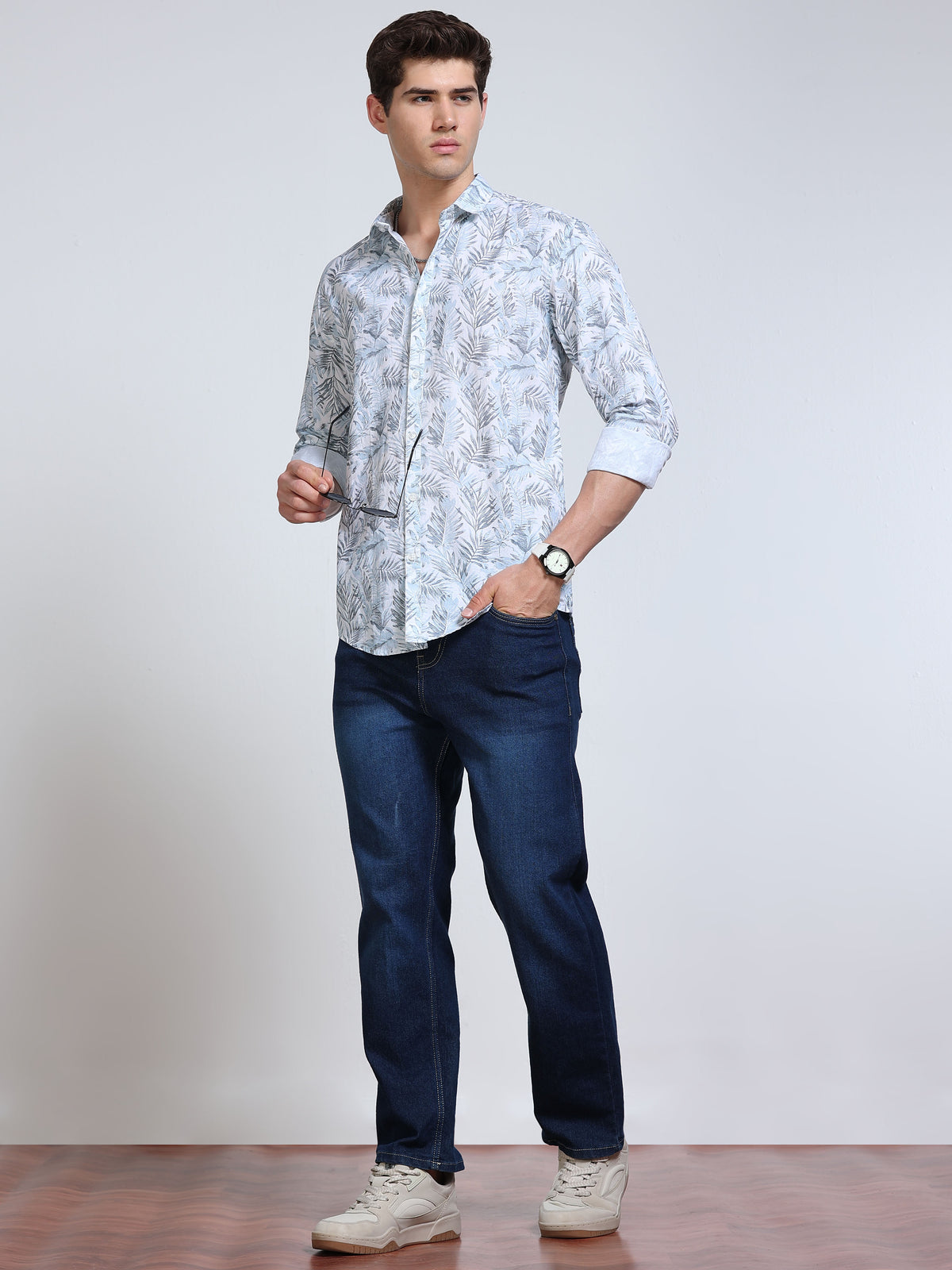 Men's Linen Light Blue Tropical Palm Leaf Printed Shirt
