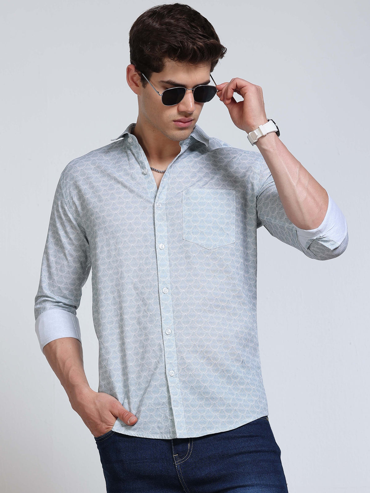 Men's Linen Sky Blue White Micro Fan Geometric Printed Shirt