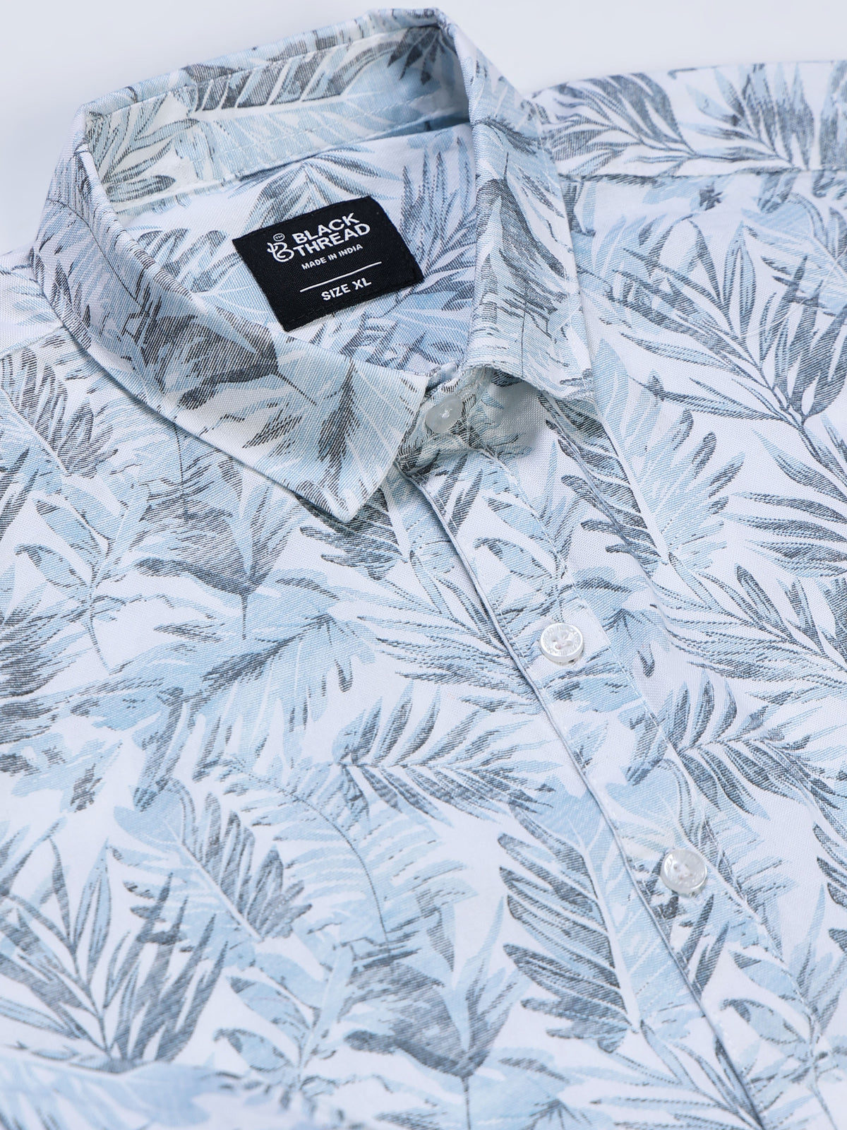 Men's Linen Light Blue Tropical Palm Leaf Printed Shirt