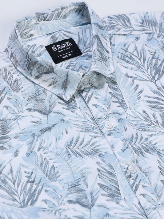Men's Linen Light Blue Tropical Palm Leaf Printed Shirt