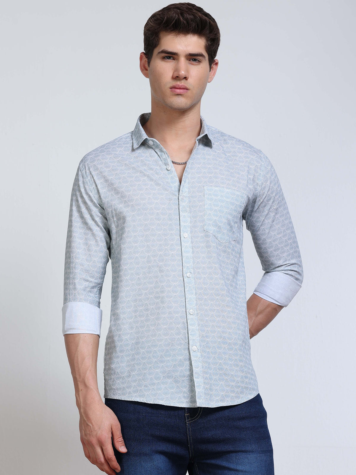 Men's Linen Sky Blue White Micro Fan Geometric Printed Shirt