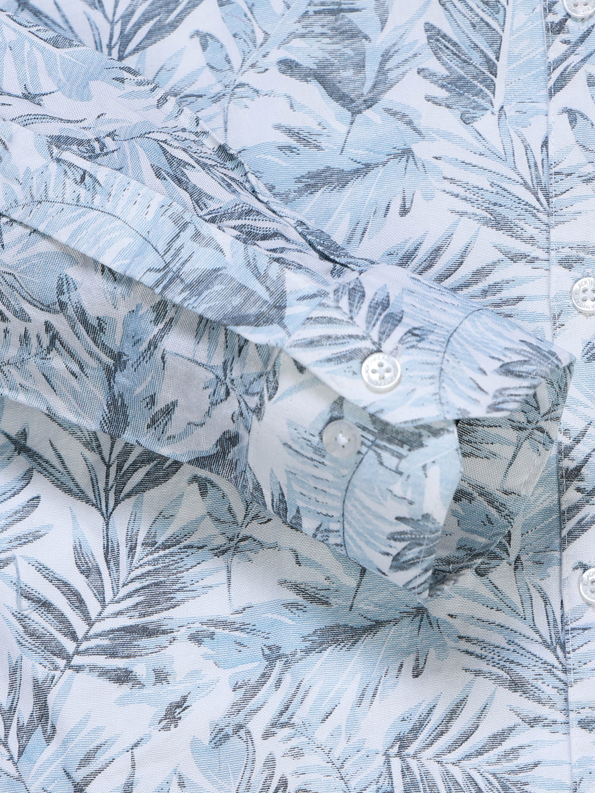 Men's Linen Light Blue Tropical Palm Leaf Printed Shirt