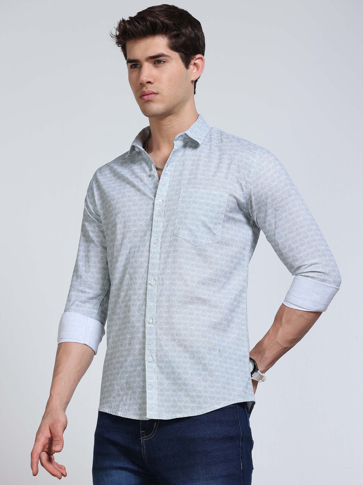 Men's Linen Sky Blue White Micro Fan Geometric Printed Shirt