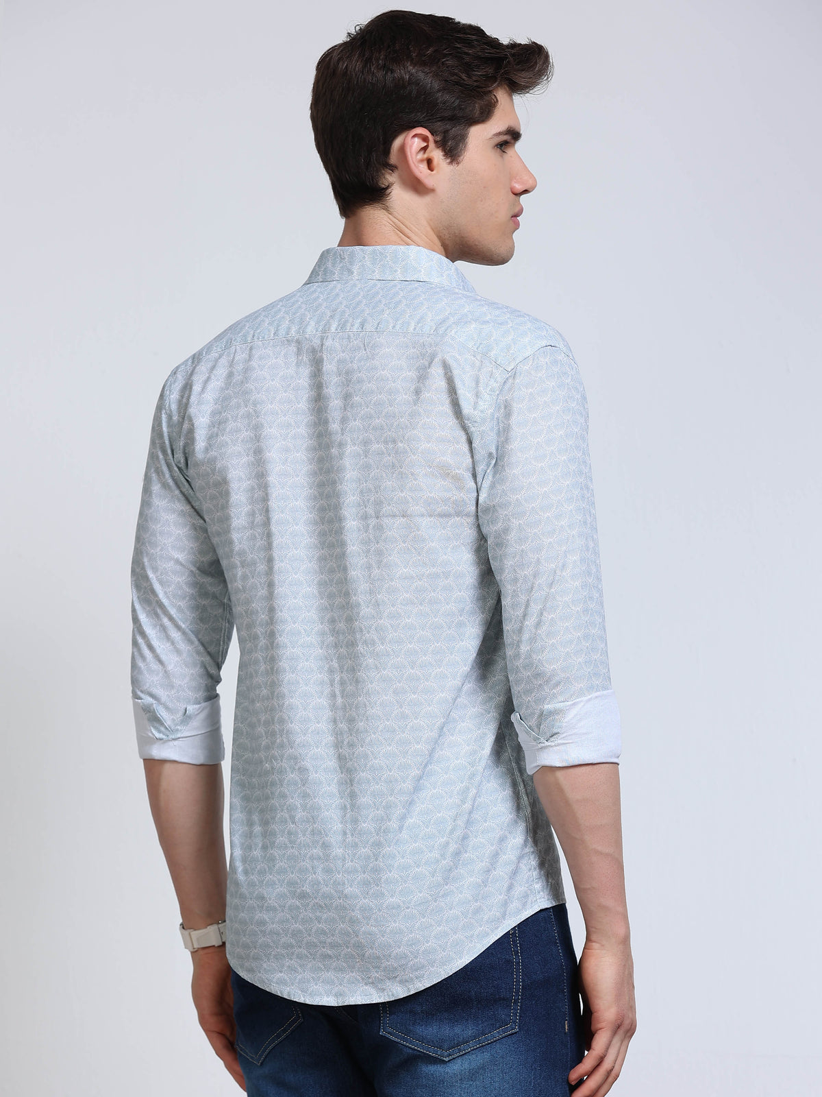 Men's Linen Sky Blue White Micro Fan Geometric Printed Shirt