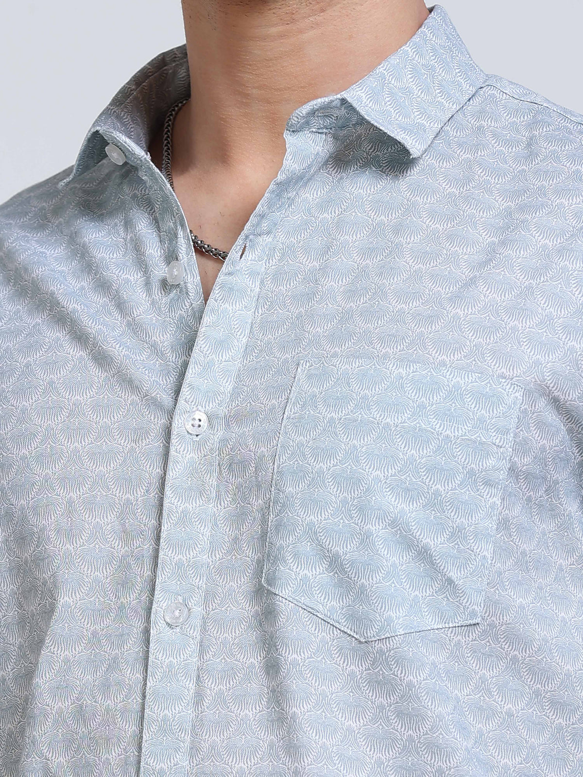 Men's Linen Sky Blue White Micro Fan Geometric Printed Shirt