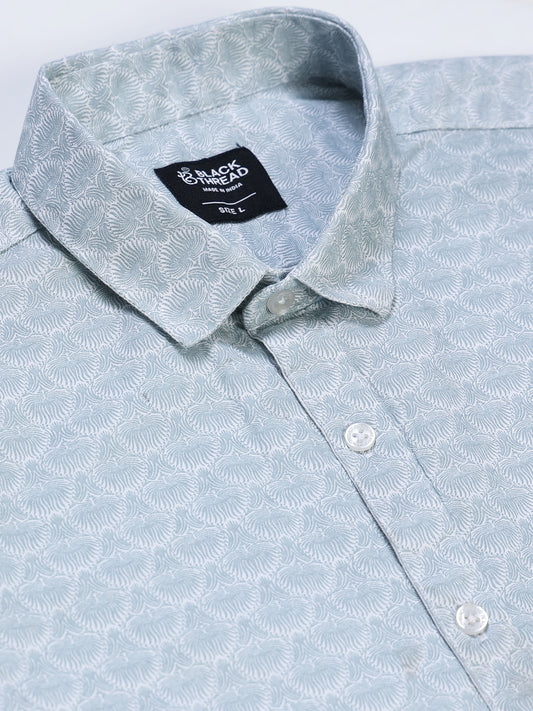 Men's Linen Sky Blue White Micro Fan Geometric Printed Shirt