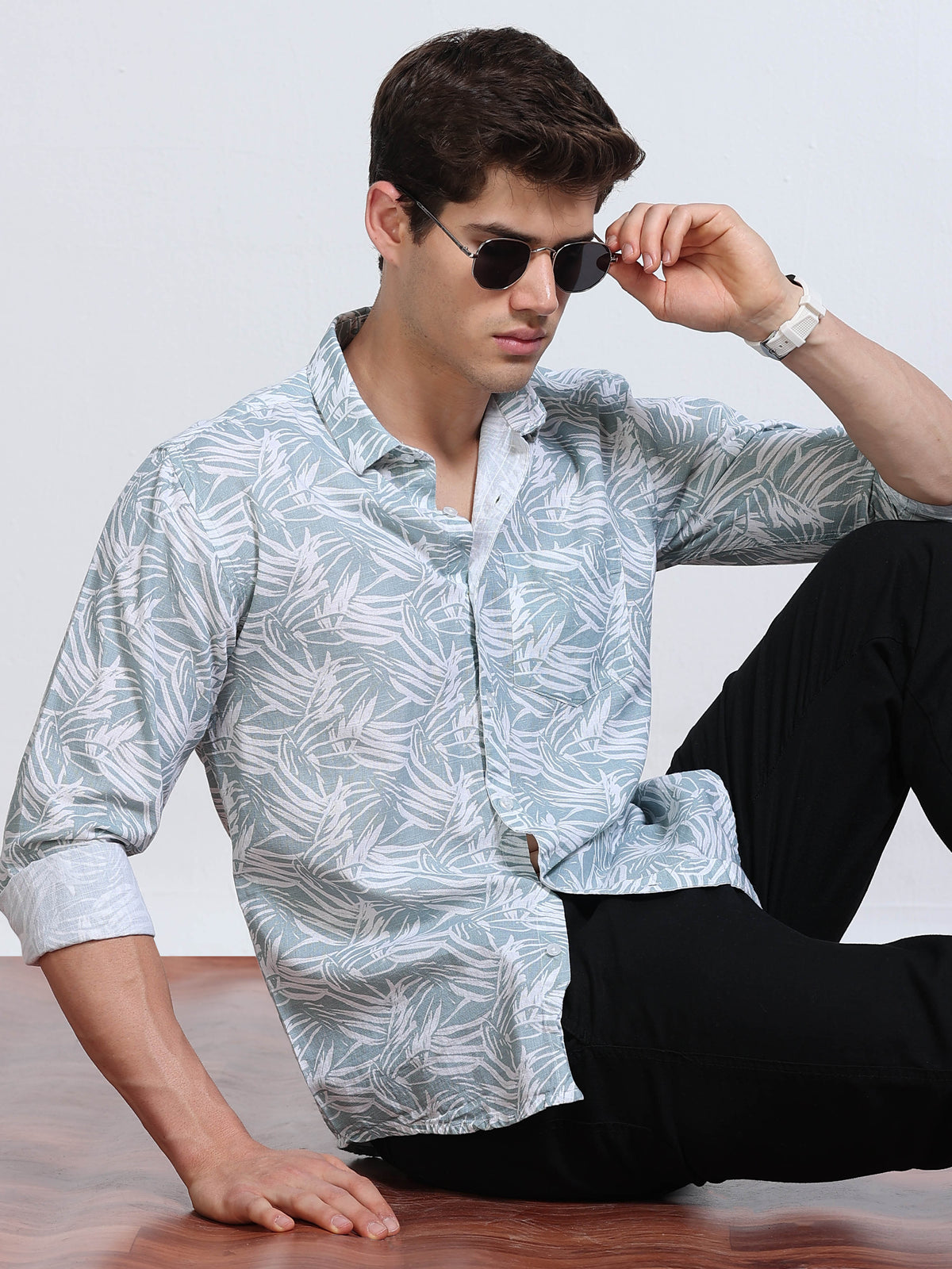 Men's Linen Powder Blue White Tropical Leaf Printed Shirt