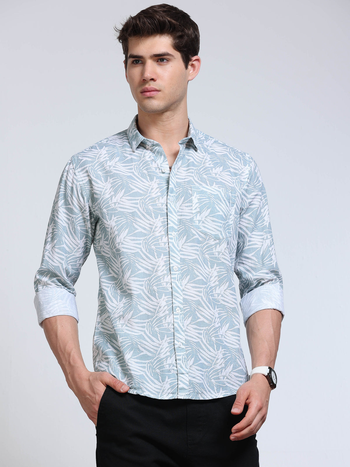Men's Linen Powder Blue White Tropical Leaf Printed Shirt