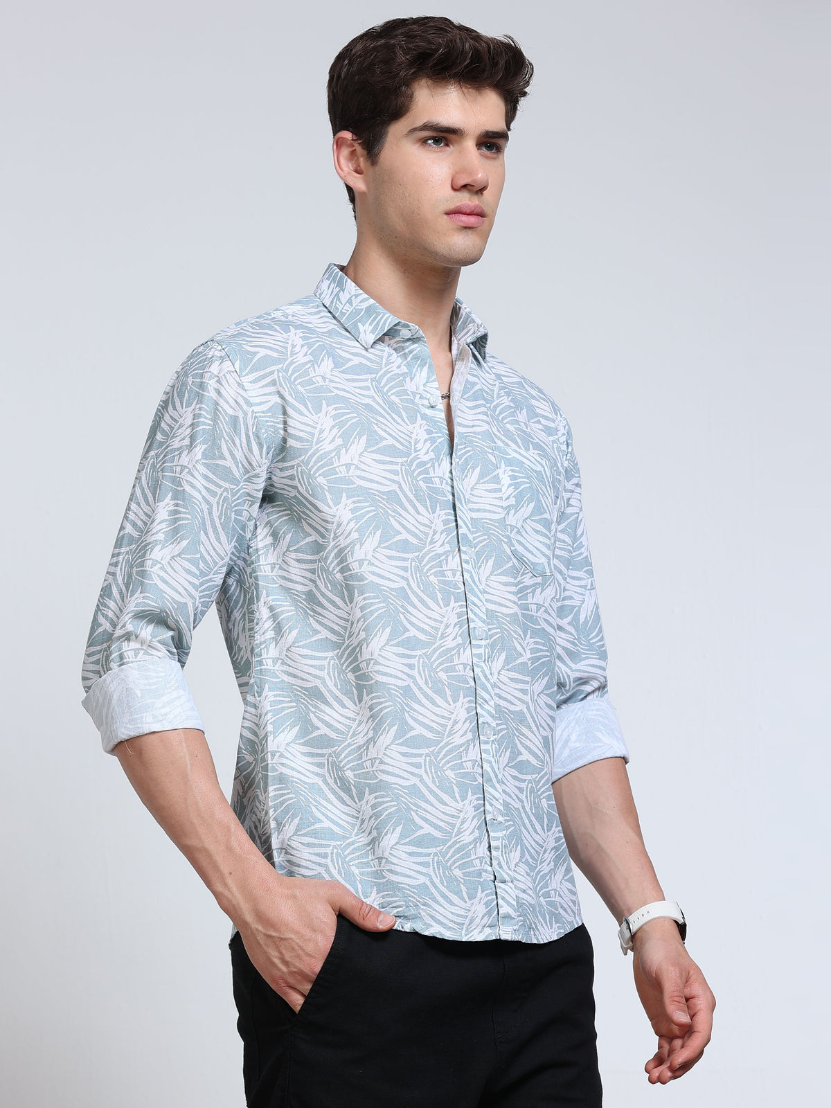Men's Linen Powder Blue White Tropical Leaf Printed Shirt