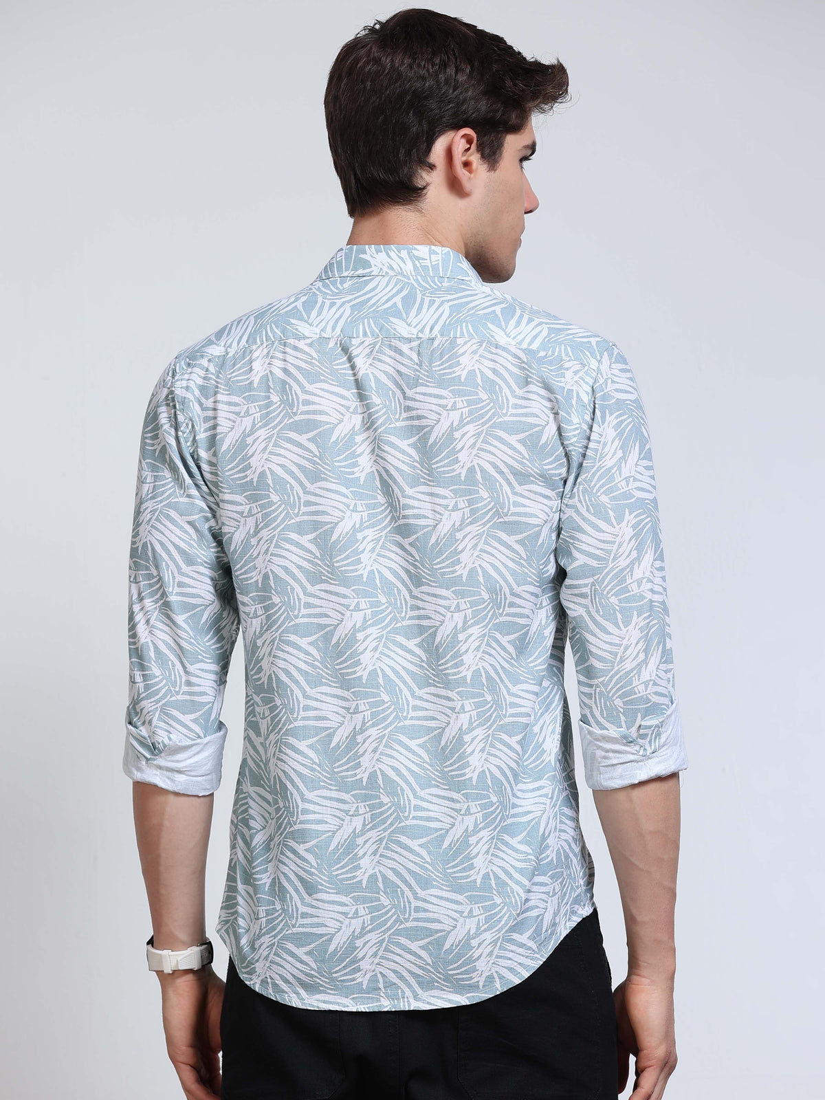 Men's Linen Powder Blue White Tropical Leaf Printed Shirt