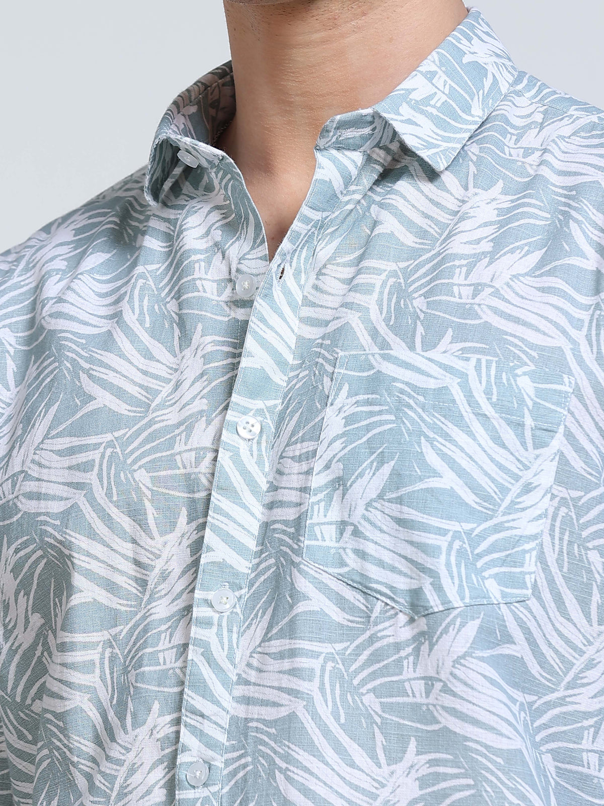 Men's Linen Powder Blue White Tropical Leaf Printed Shirt