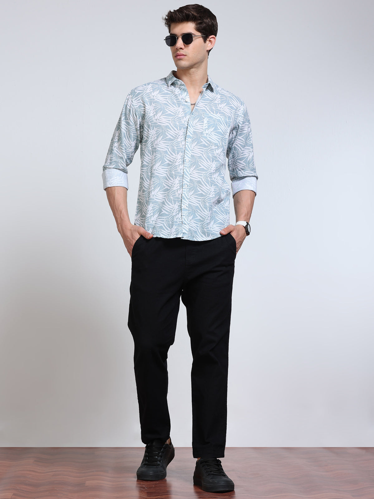 Men's Linen Powder Blue White Tropical Leaf Printed Shirt