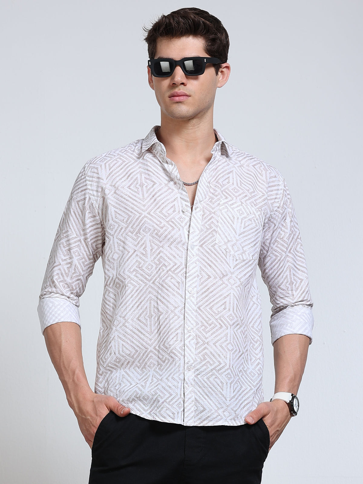 Men's Linen White Beige Abstract Diamond Maze Geometric Printed Shirt