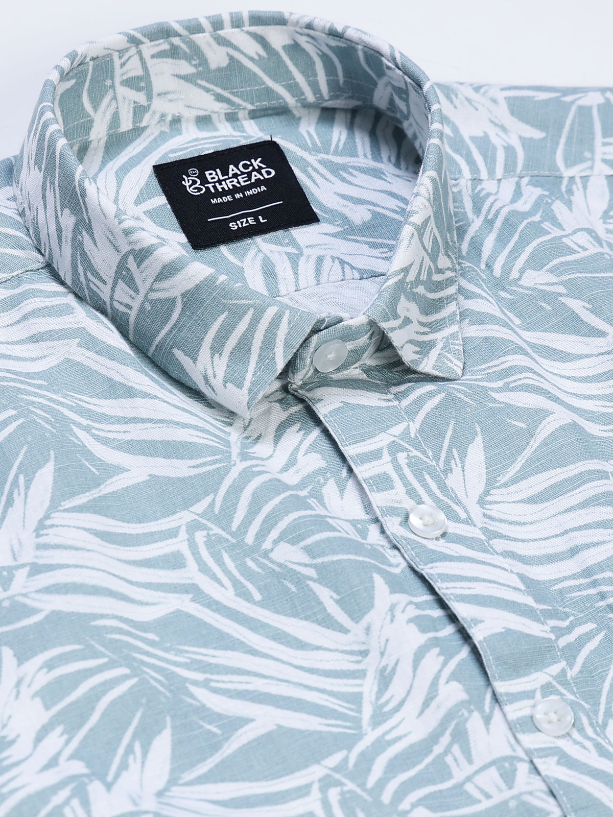 Men's Linen Powder Blue White Tropical Leaf Printed Shirt