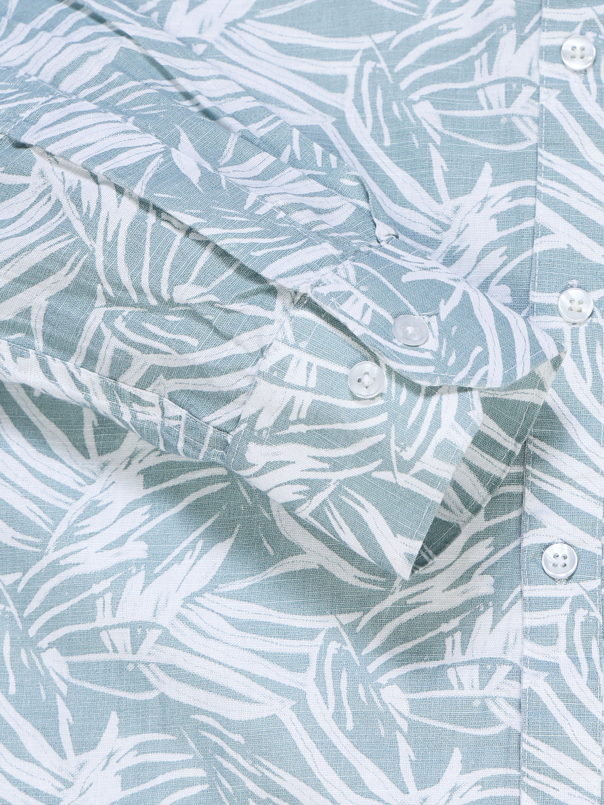 Men's Linen Powder Blue White Tropical Leaf Printed Shirt