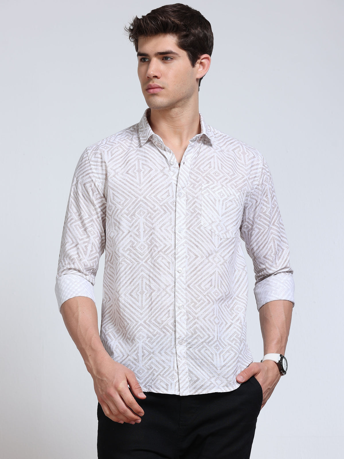 Men's Linen White Beige Abstract Diamond Maze Geometric Printed Shirt