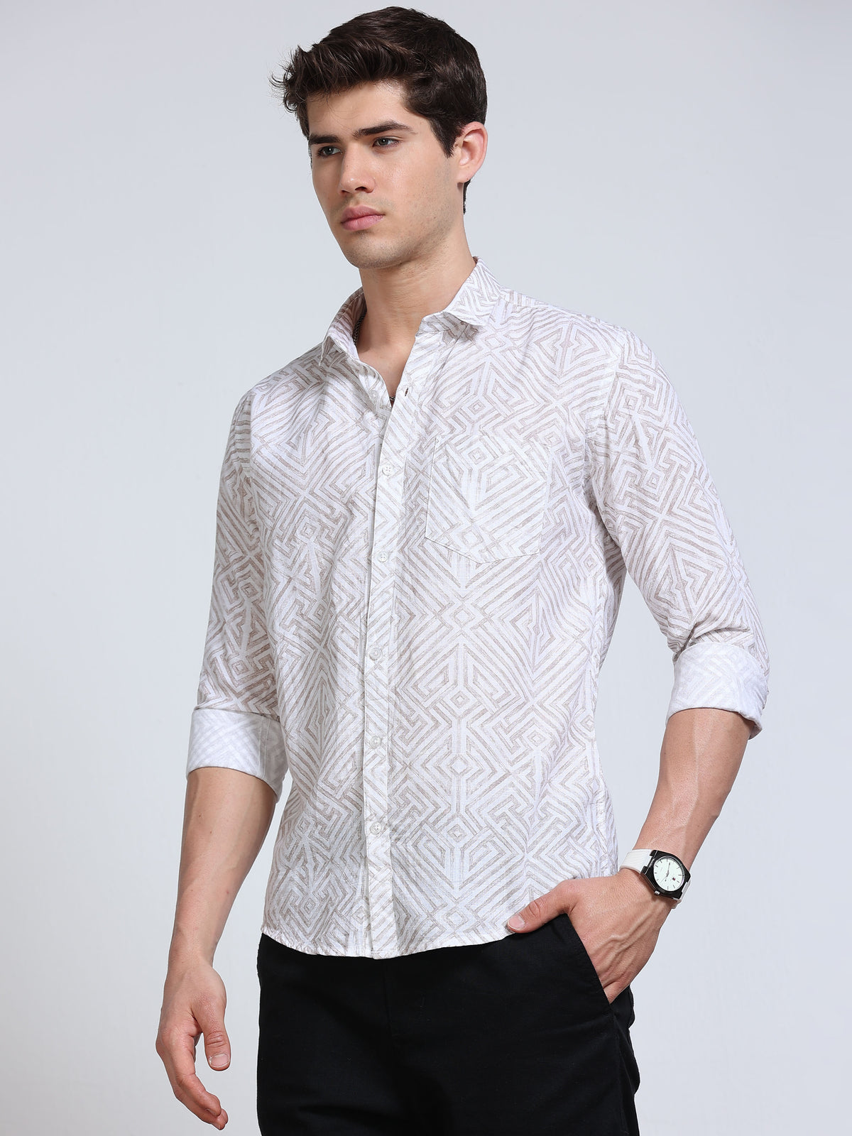 Men's Linen White Beige Abstract Diamond Maze Geometric Printed Shirt