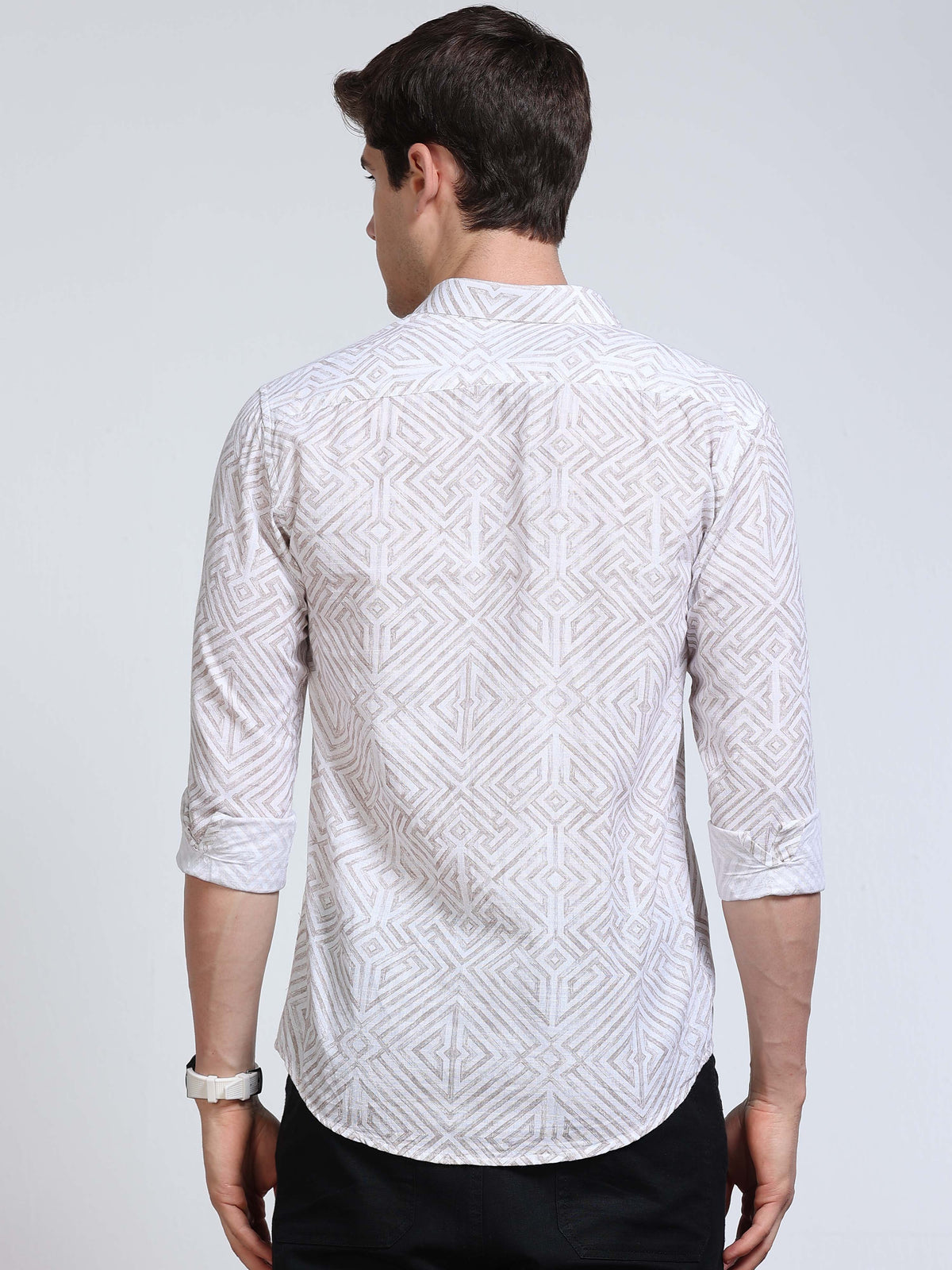 Men's Linen White Beige Abstract Diamond Maze Geometric Printed Shirt