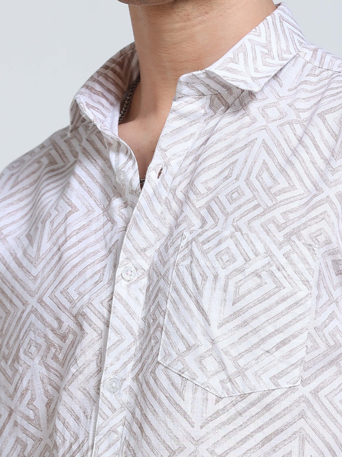 Men's Linen White Beige Abstract Diamond Maze Geometric Printed Shirt
