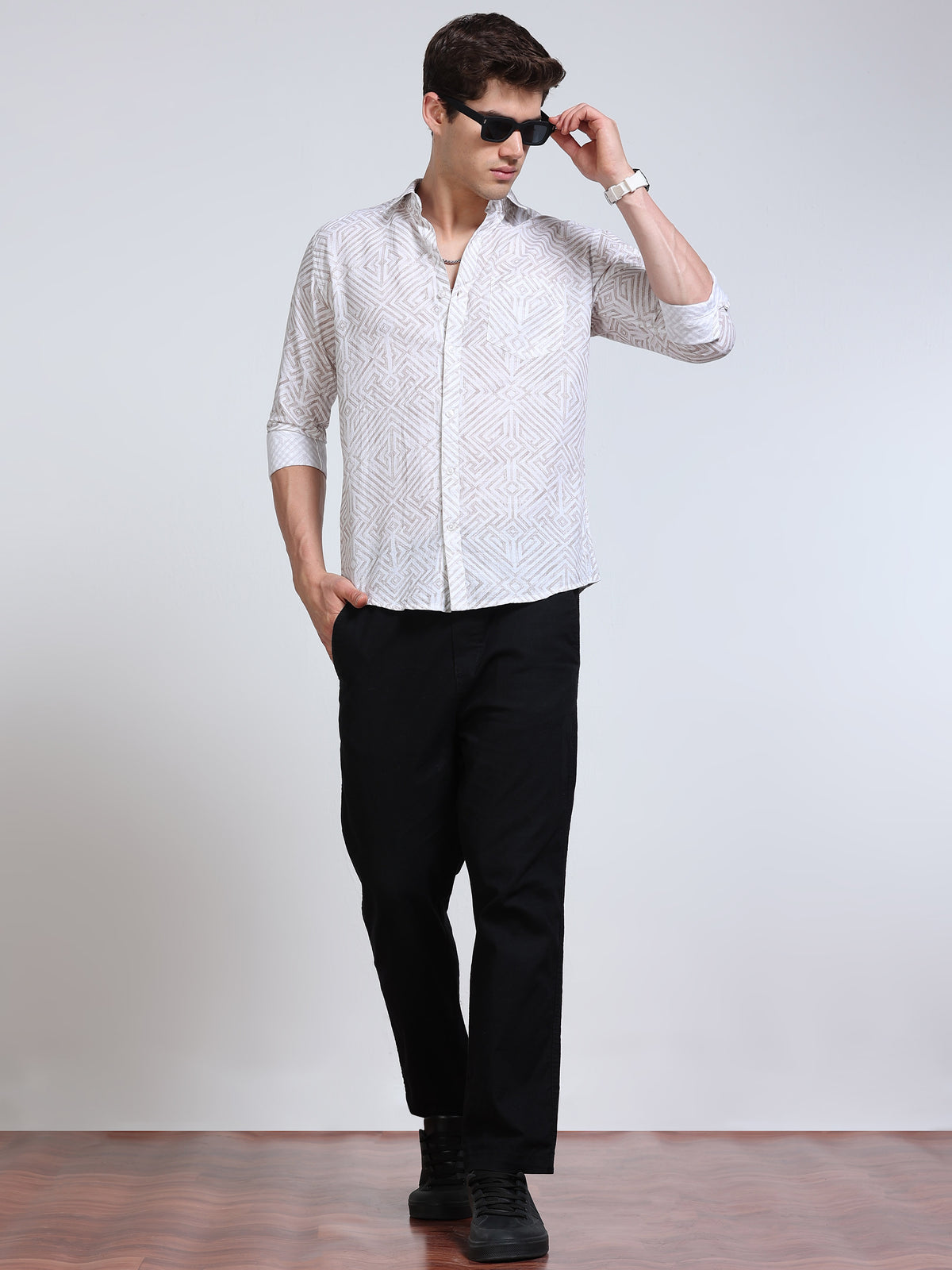 Men's Linen White Beige Abstract Diamond Maze Geometric Printed Shirt