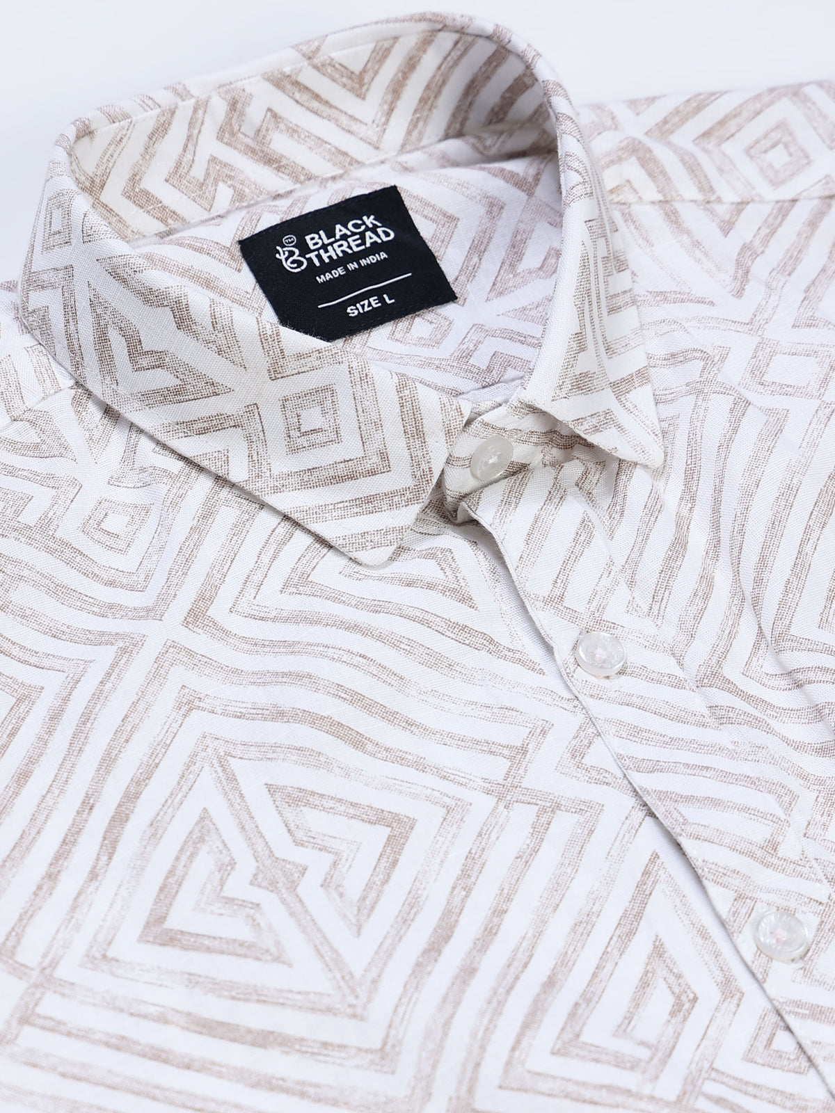 Men's Linen White Beige Abstract Diamond Maze Geometric Printed Shirt