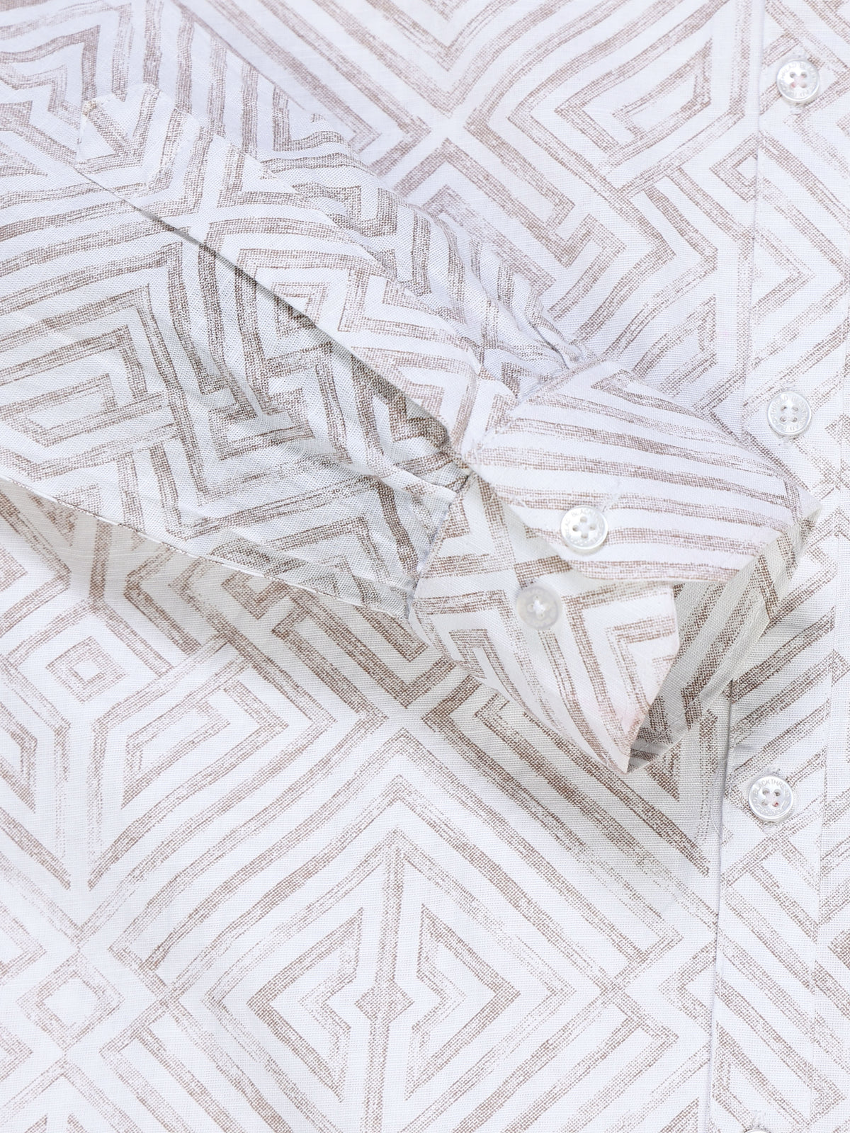 Men's Linen White Beige Abstract Diamond Maze Geometric Printed Shirt