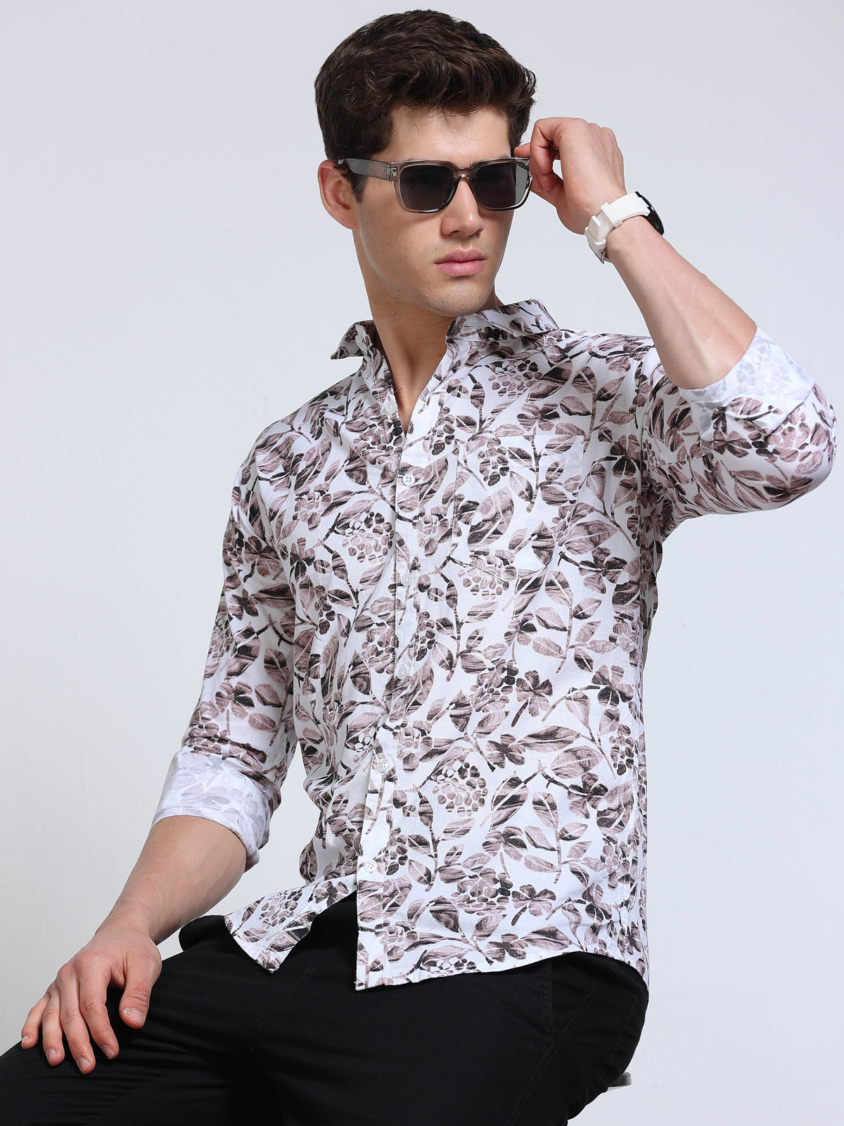 Men's Linen White Grey Brown Watercolour Floral Botanical Printed Shirt