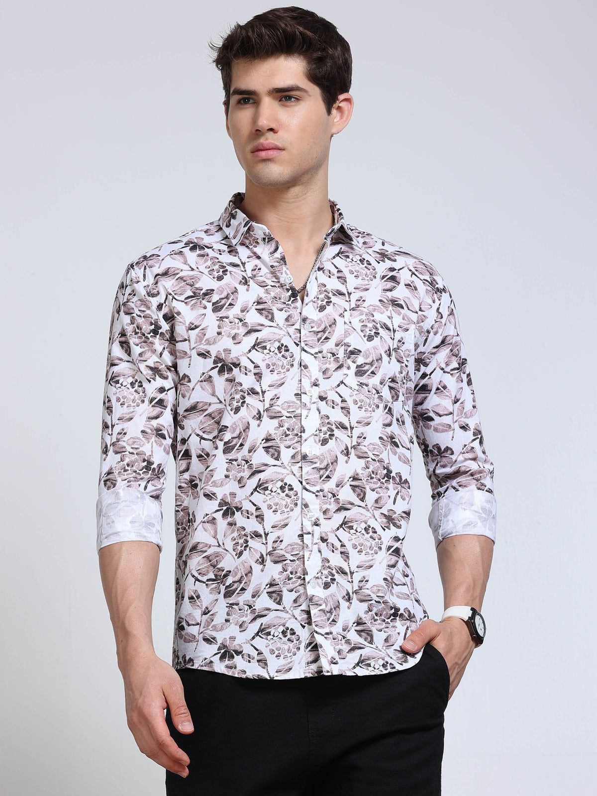 Men's Linen White Grey Brown Watercolour Floral Botanical Printed Shirt