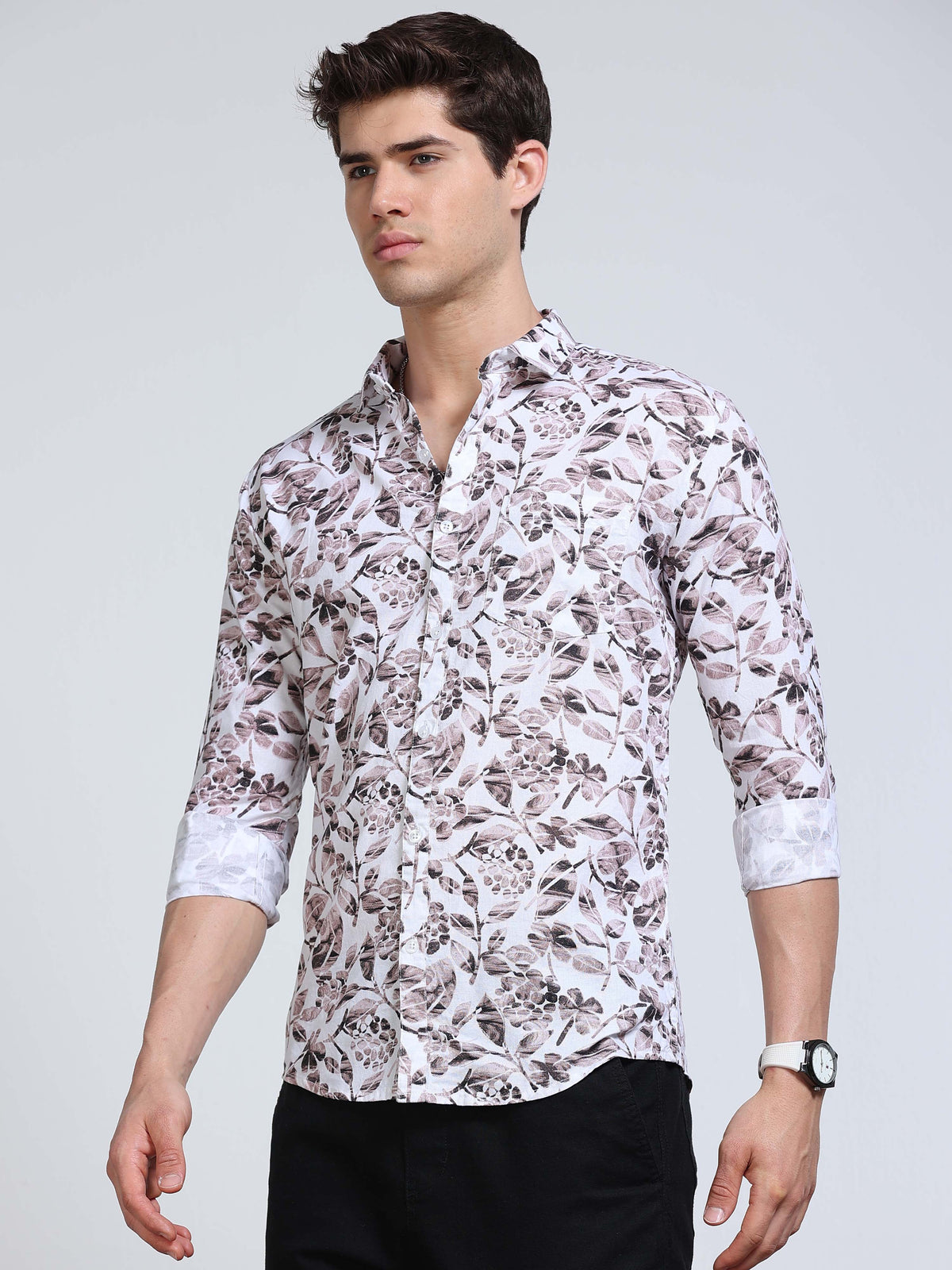Men's Linen White Grey Brown Watercolour Floral Botanical Printed Shirt