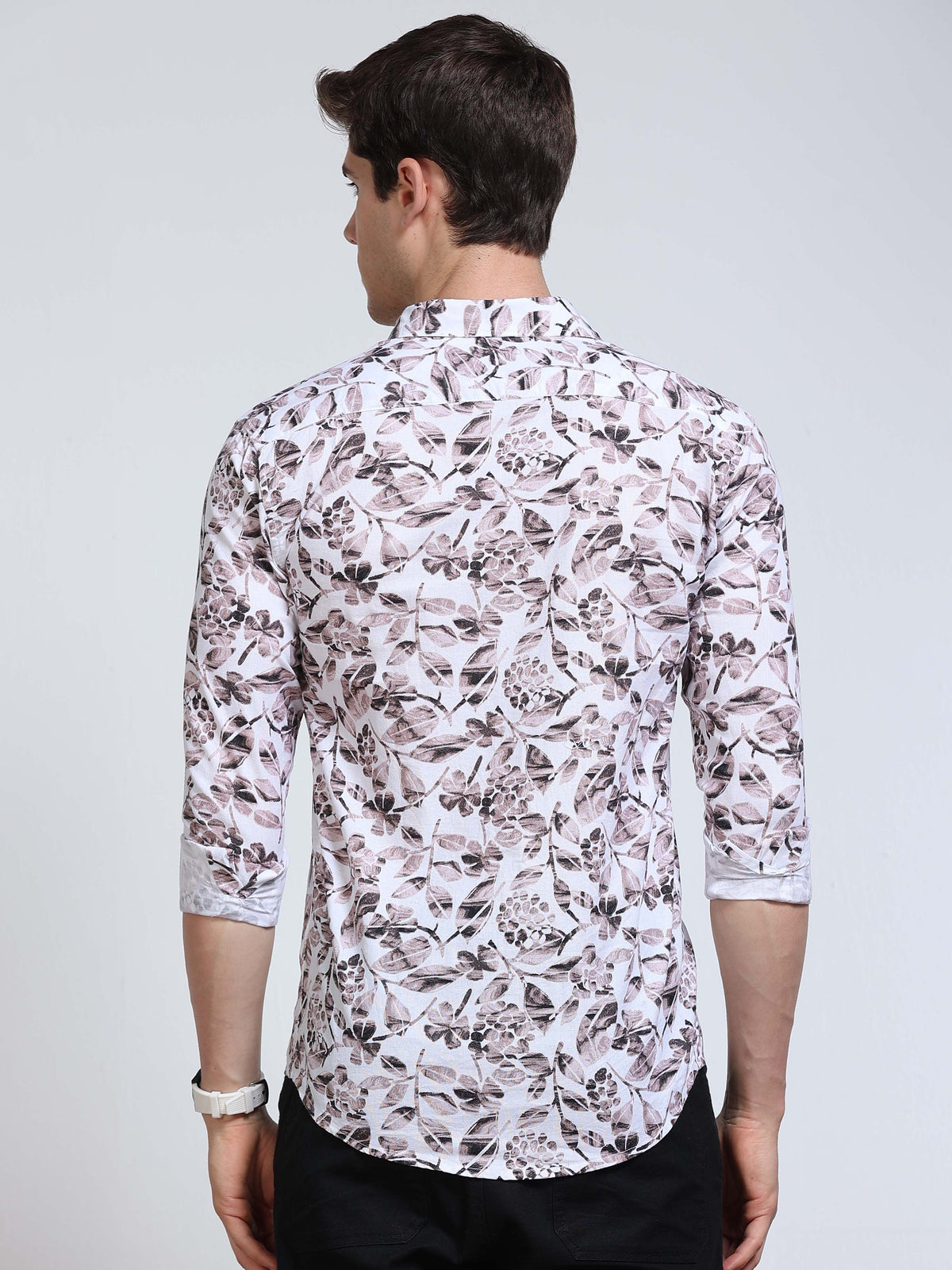 Men's Linen White Grey Brown Watercolour Floral Botanical Printed Shirt