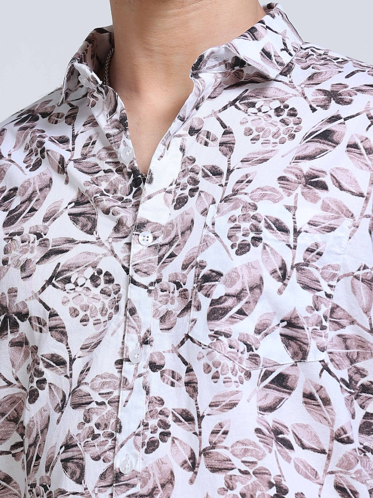 Men's Linen White Grey Brown Watercolour Floral Botanical Printed Shirt