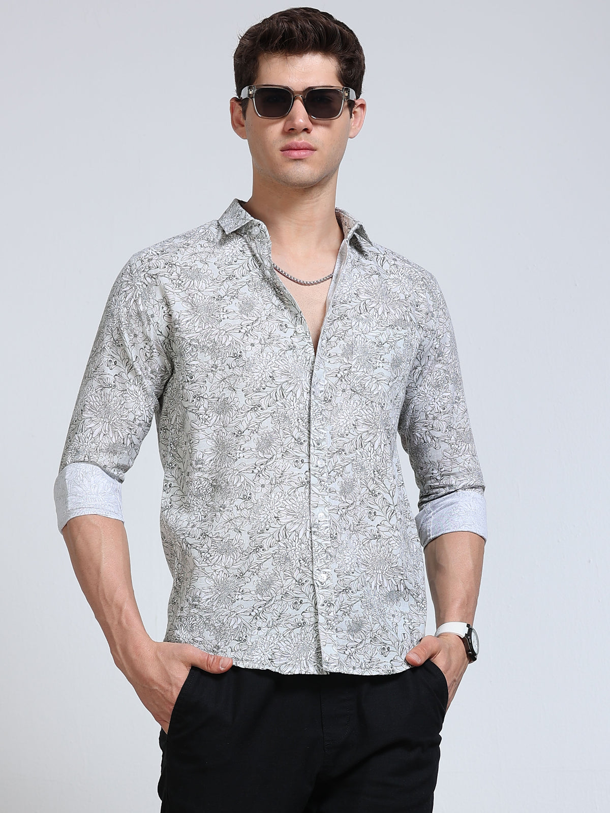 Men's Linen White Botanical Line Art Printed Shirt