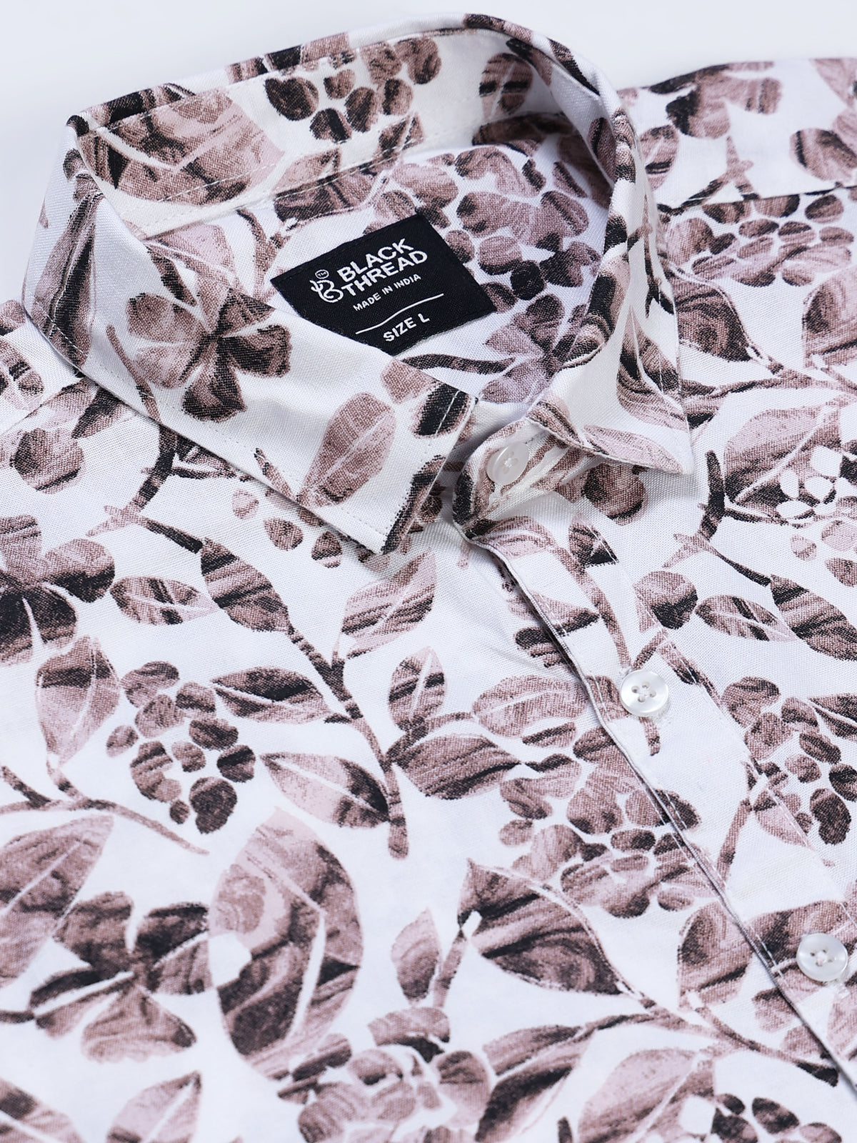 Men's Linen White Grey Brown Watercolour Floral Botanical Printed Shirt
