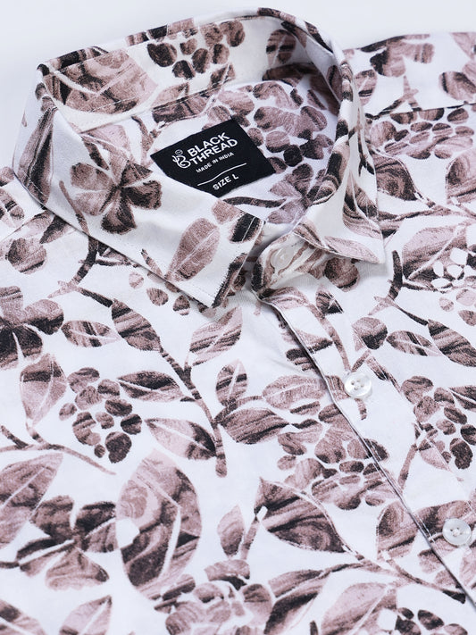 Men's Linen White Grey Brown Watercolour Floral Botanical Printed Shirt