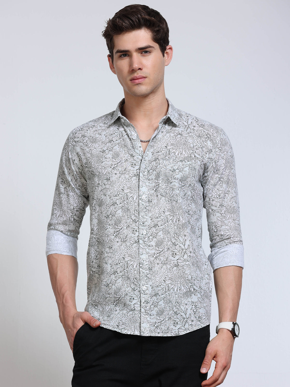 Men's Linen White Botanical Line Art Printed Shirt