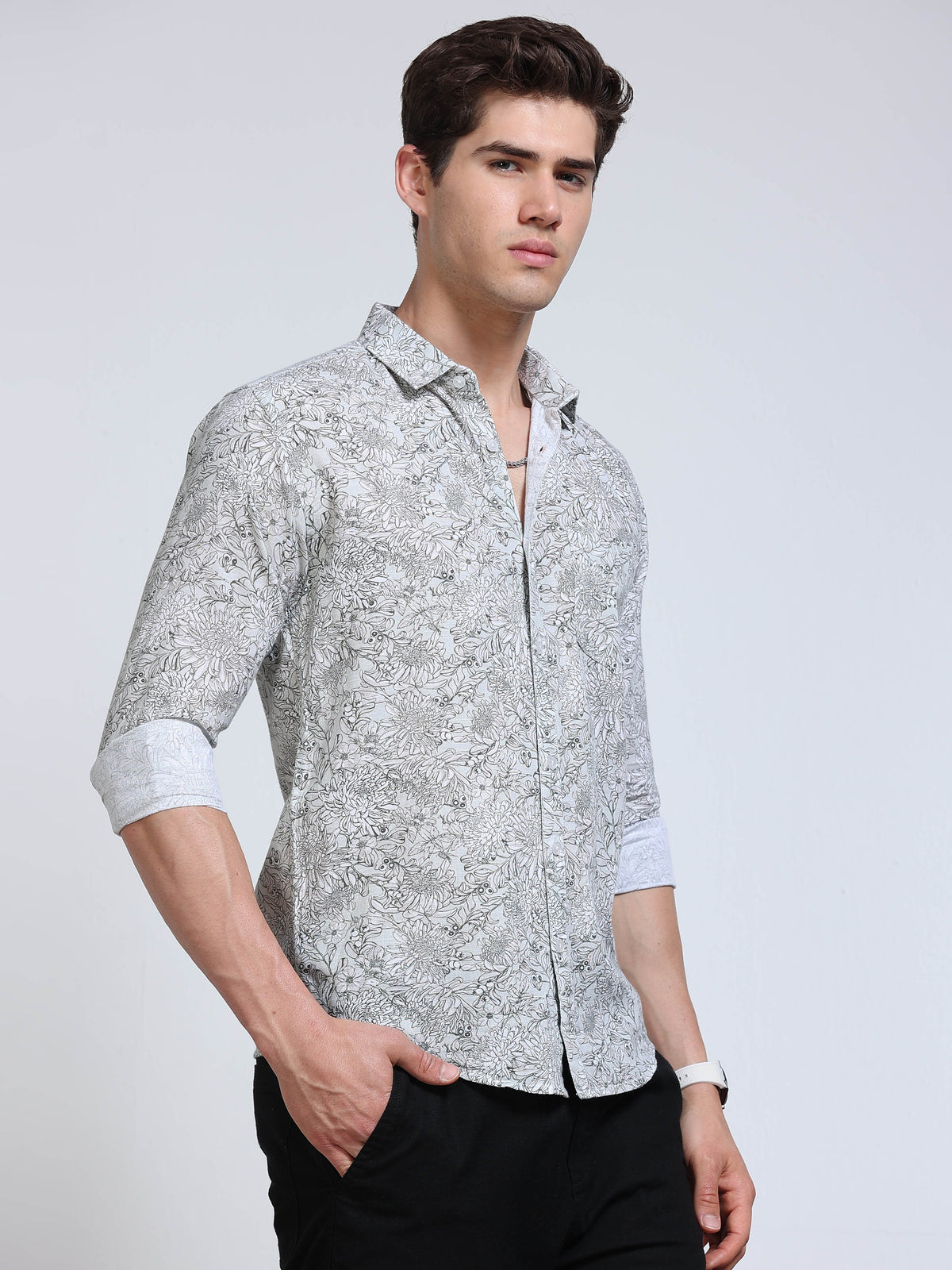 Men's Linen White Grey Green Line Art Floral Botanical Printed Shirt