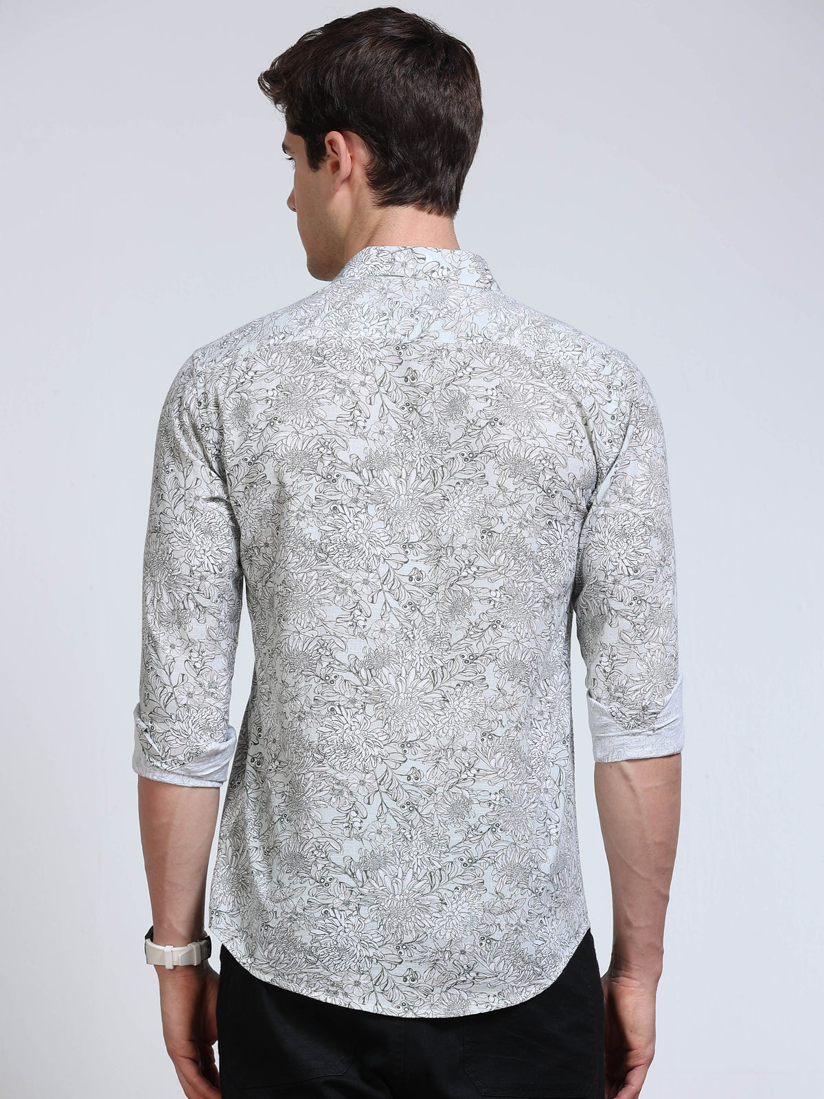 Men's Linen White Grey Green Line Art Floral Botanical Printed Shirt