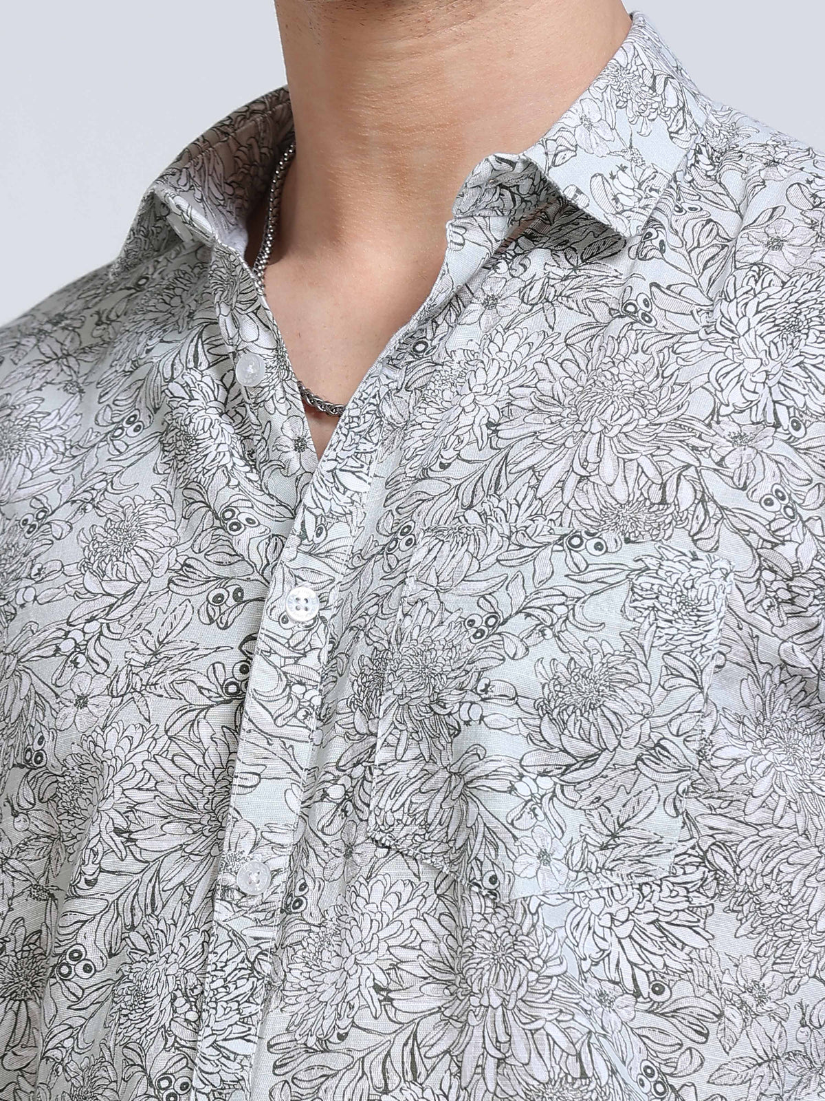 Men's Linen White Botanical Line Art Printed Shirt