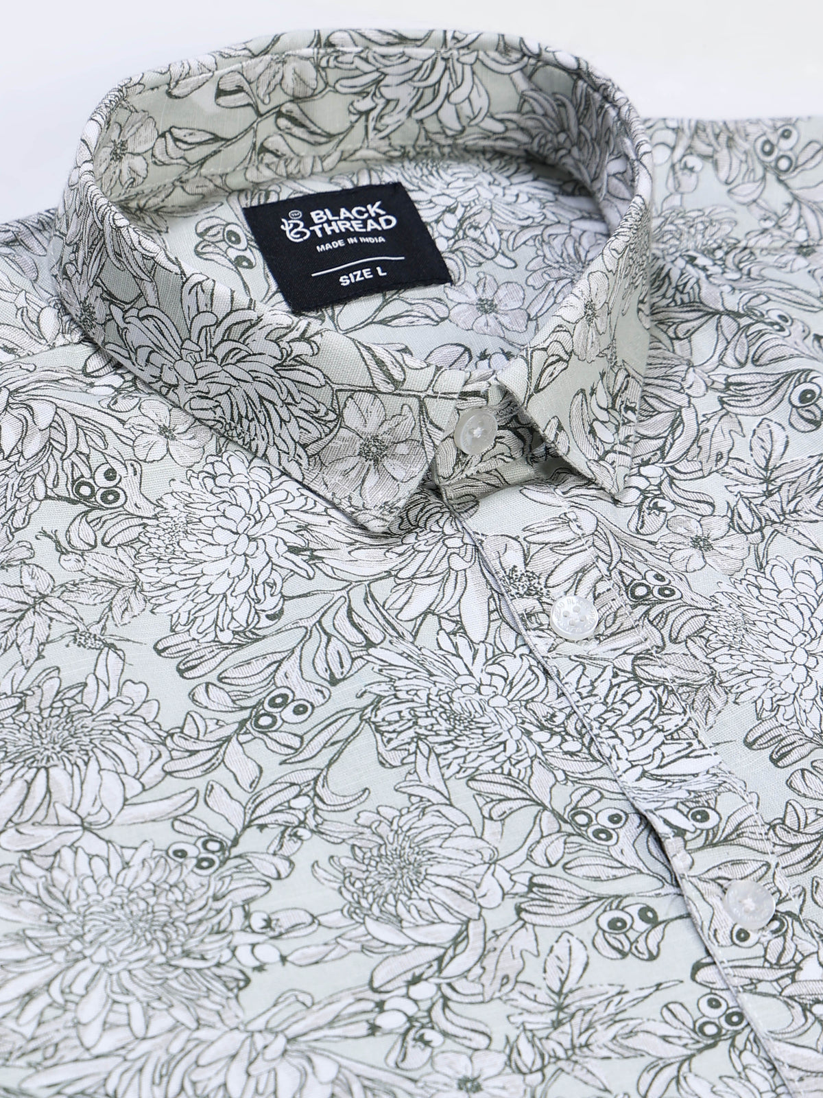 Men's Linen White Botanical Line Art Printed Shirt