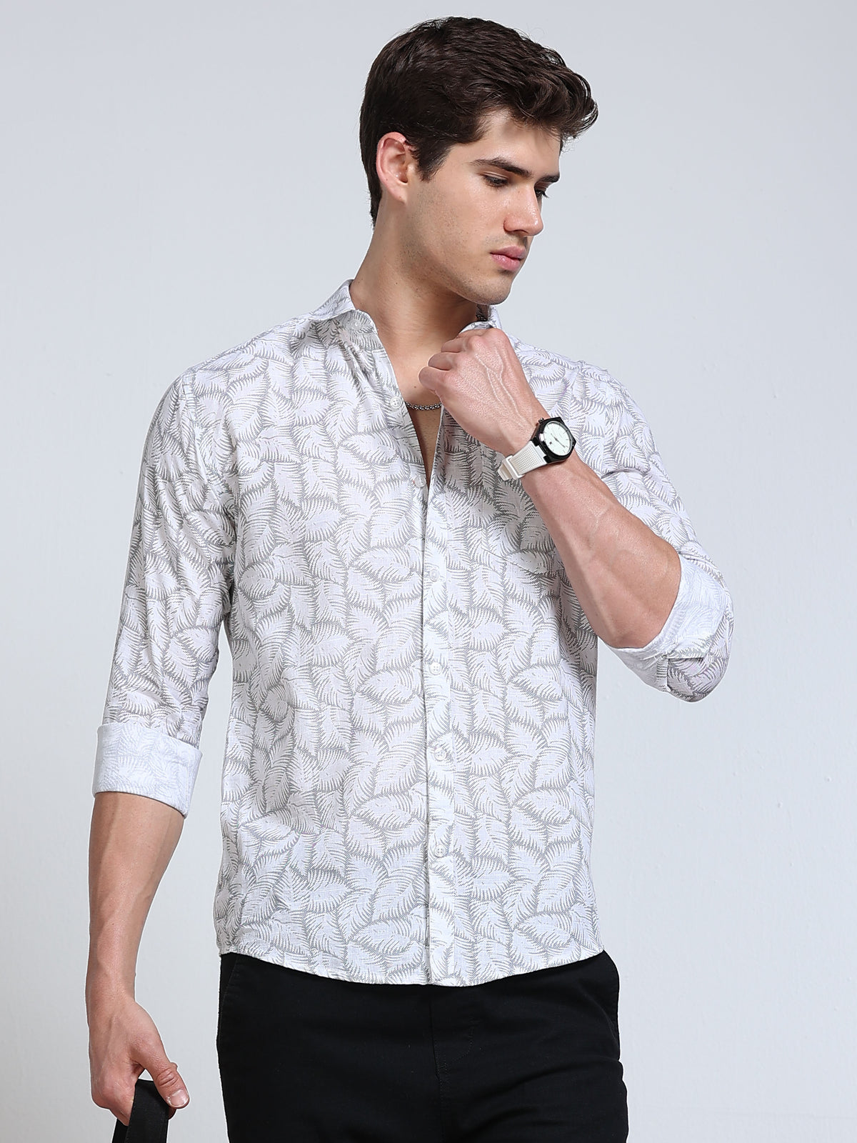Men's Linen White Grey Fern Leaf Printed Shirt
