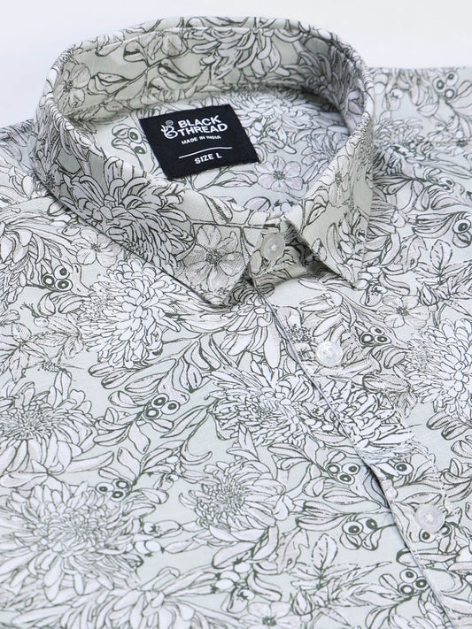 Men's Linen White Grey Green Line Art Floral Botanical Printed Shirt
