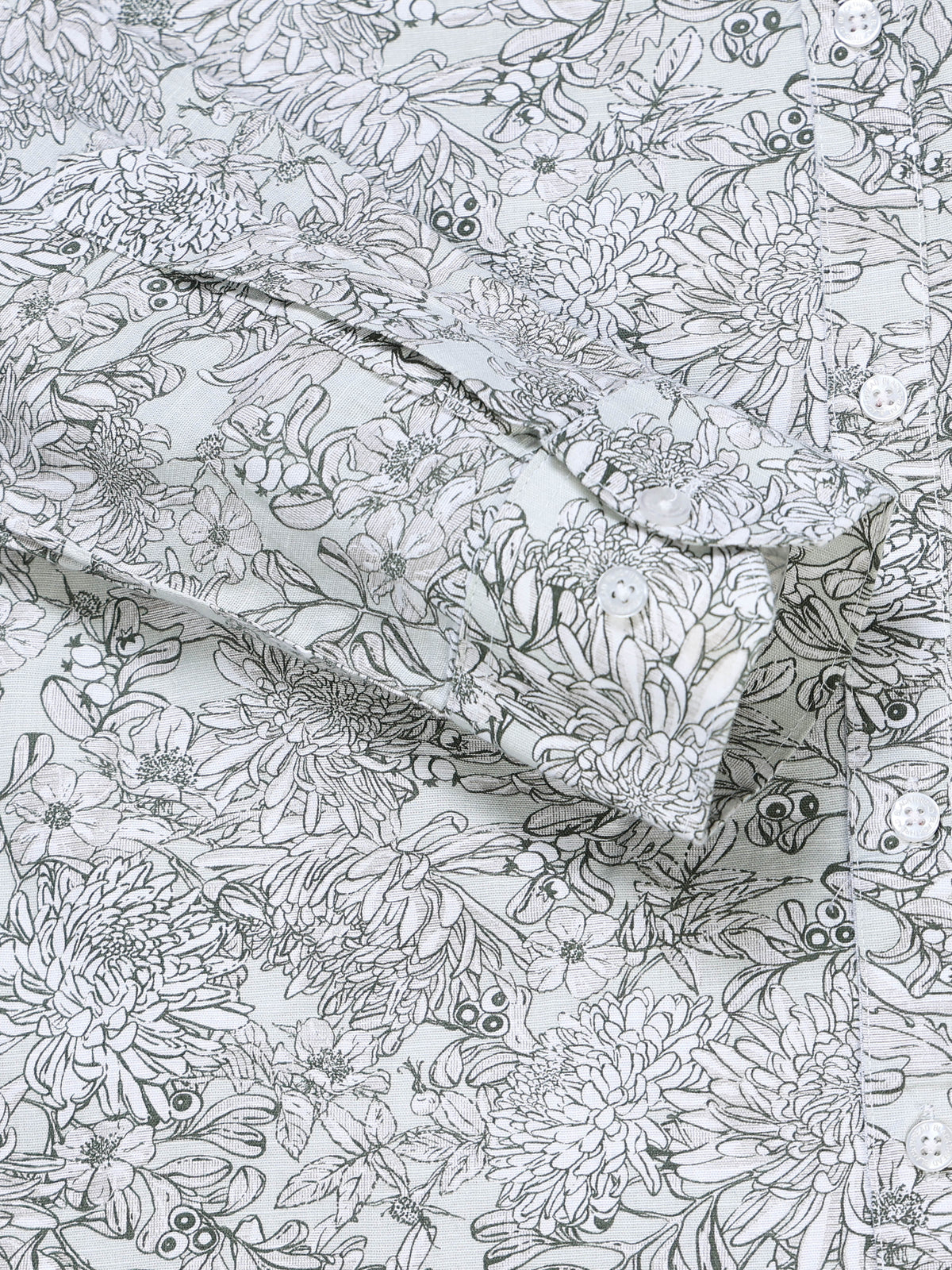 Men's Linen White Grey Green Line Art Floral Botanical Printed Shirt