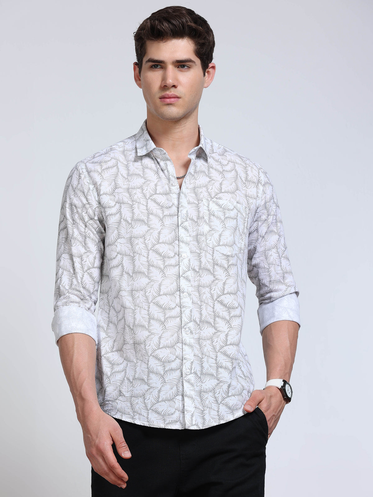Men's Linen White Grey Fern Leaf Printed Shirt