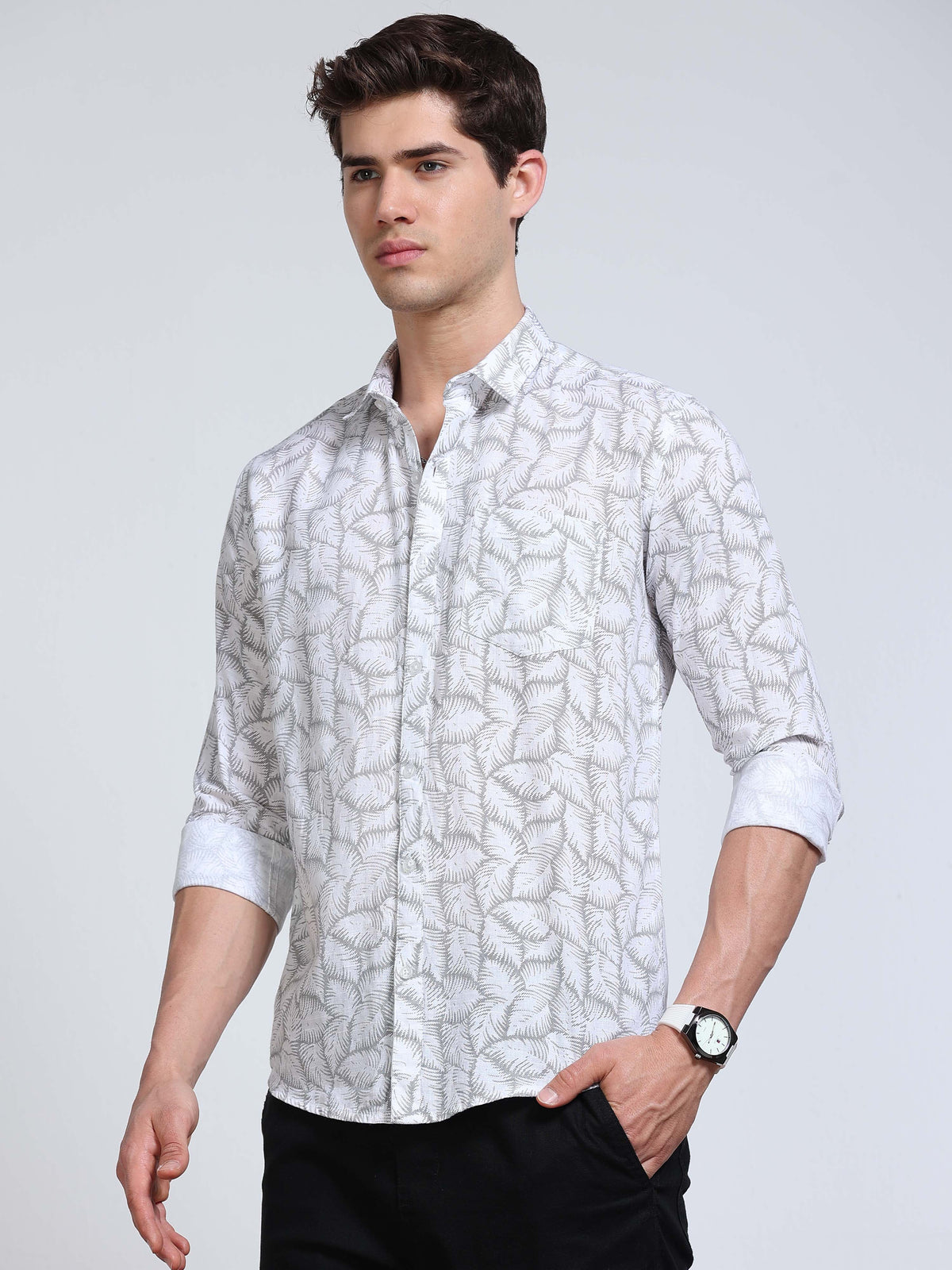 Men's Linen White Grey Fern Leaf Printed Shirt